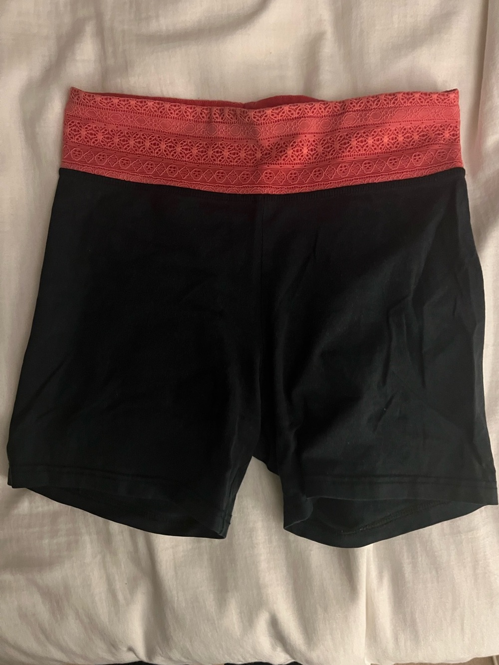 aerie Black Bike Shorts with Coral Lace Waistband